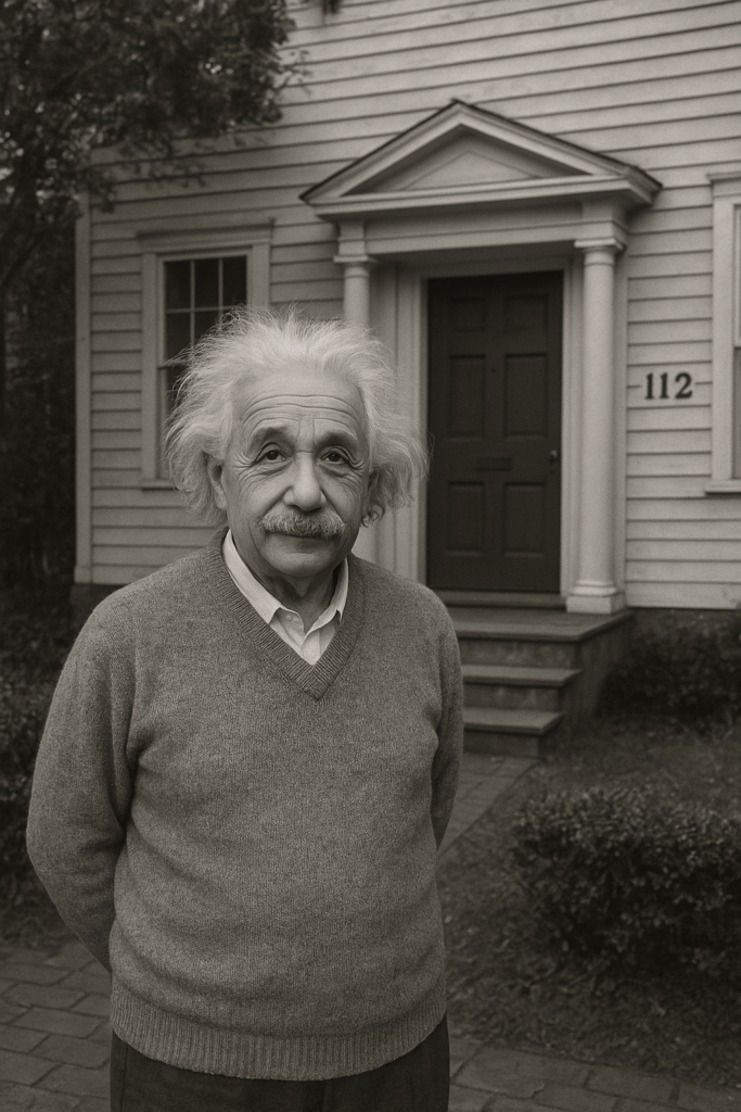 AI image of Einstein in front of his house.
